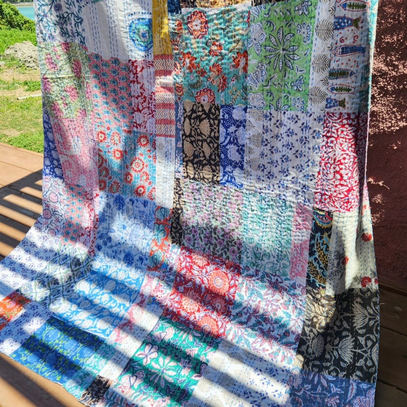 M】花 パッチワーク ブロックプリント カンタキルト397 M】花 パッチ