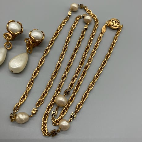 CHANEL (シャネル) ヴィンテージ ココマーク パール イヤリング ネックレス 3点セット