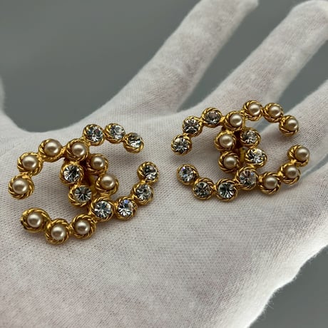 CHANEL (シャネル) ヴィンテージ デカココ ココマーク ラインストーン パール イヤリング