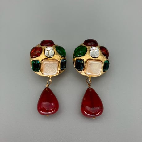 CHANEL (シャネル) ヴィンテージ カラーストーン グリポア ラインストーン パール スイング イヤリング