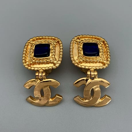 CHANEL (シャネル) ヴィンテージ グリポア カラーストーン ココマーク スイング ブルー イヤリング