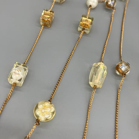 CHANEL (シャネル) ヴィンテージ ココマーク パール ラインストーン クリア ロングチェーン ネックレス