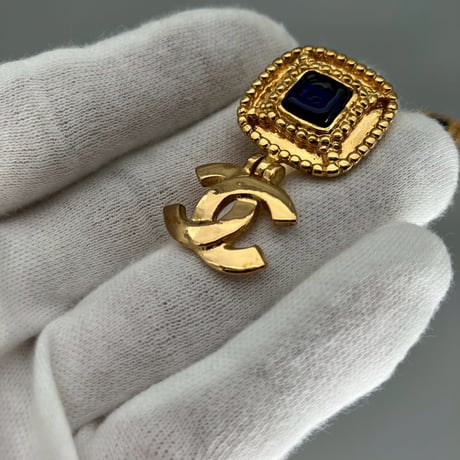 CHANEL (シャネル) ヴィンテージ グリポア カラーストーン ココマーク スイング ブルー イヤリング