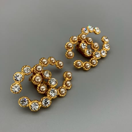 CHANEL (シャネル) ヴィンテージ デカココ ココマーク ラインストーン パール イヤリング