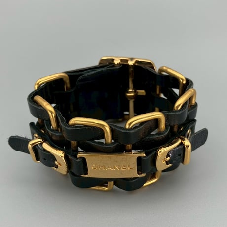 CHANEL (シャネル) ヴィンテージ ロゴ レザー チェーンブレスレット