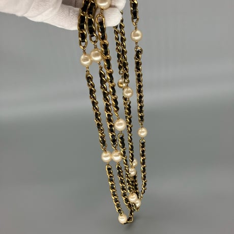 CHANEL (シャネル) ヴィンテージ パール レザーチェーン ロングネックレス