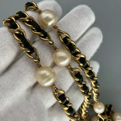 CHANEL (シャネル) ヴィンテージ パール レザーチェーン ロングネックレス
