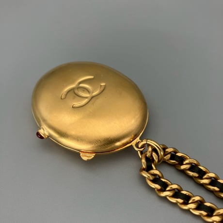 CHANEL (シャネル) ヴィンテージ ロケットペンダント グリポア カラーストーン ココマーク レザーチェーン ネックレス
