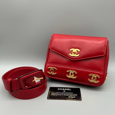 CHANEL (シャネル) ヴィンテージ ラムスキン トリプルココマーク ターンロック レッド ウエストバッグ