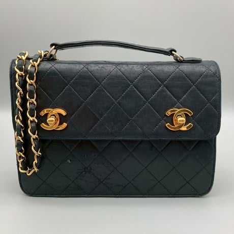 CHANEL (シャネル) ヴィンテージ ダブルターンロック ココマーク ラムスキン ハンドバッグ ショルダーバッグ