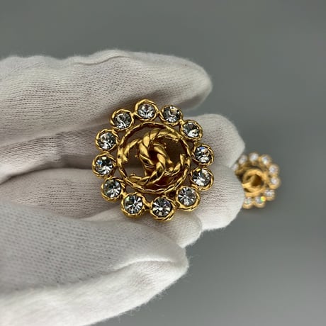 CHANEL (シャネル) ヴィンテージ ラインストーン ココマーク ラウンド イヤリング