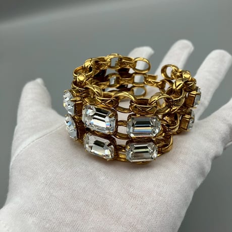 CHANEL (シャネル) ヴィンテージ ラインストーン マトラッセ 三連チェーン ブレスレット バングル