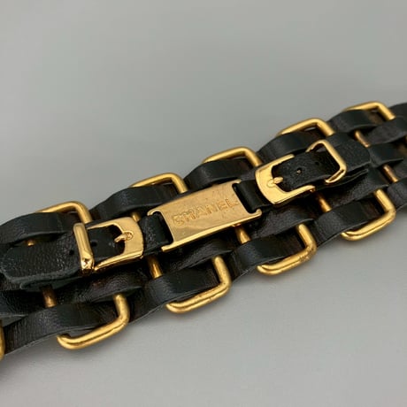CHANEL (シャネル) ヴィンテージ ロゴ レザー チェーンブレスレット