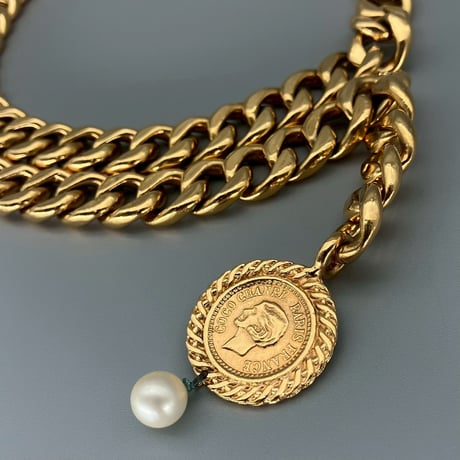 CHANEL (シャネル) ヴィンテージ マドモアゼル ココマーク メダル パール 2連チェーン ネックレス