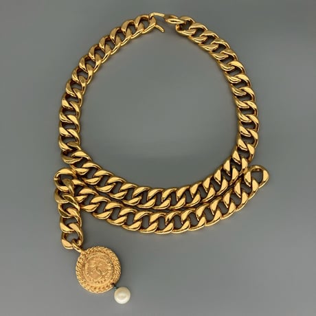 CHANEL (シャネル) ヴィンテージ マドモアゼル ココマーク メダル パール 2連チェーン ネックレス