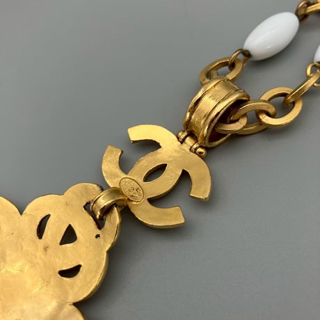 CHANEL (シャネル) ヴィンテージ ホワイトストーン ココマーク フリンジ ロングチェーン ネックレス