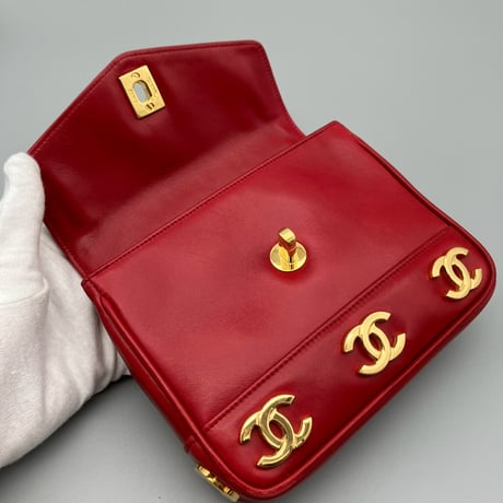 CHANEL (シャネル) ヴィンテージ ラムスキン トリプルココマーク ターンロック レッド ウエストバッグ