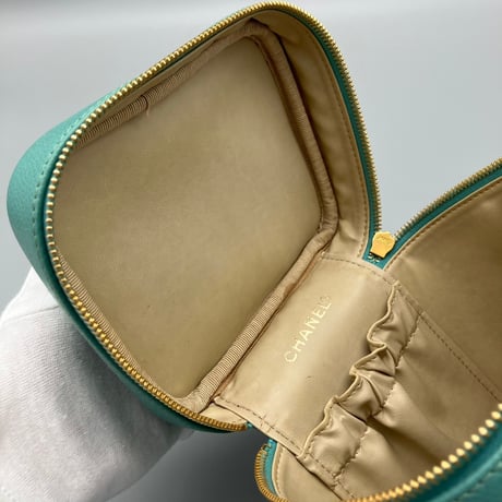 CHANEL (シャネル) ヴィンテージ デカココ ココマーク キャビアスキン グリーン バニティ ハンドバッグ