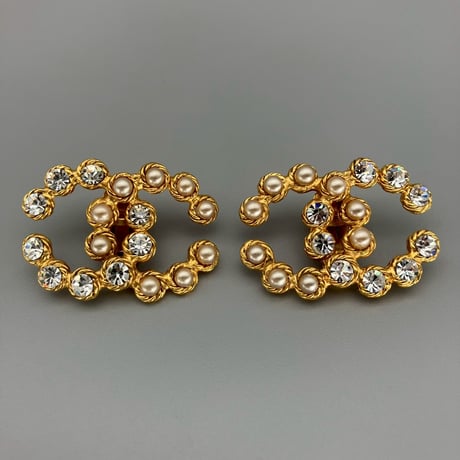 CHANEL (シャネル) ヴィンテージ デカココ ココマーク ラインストーン パール イヤリング