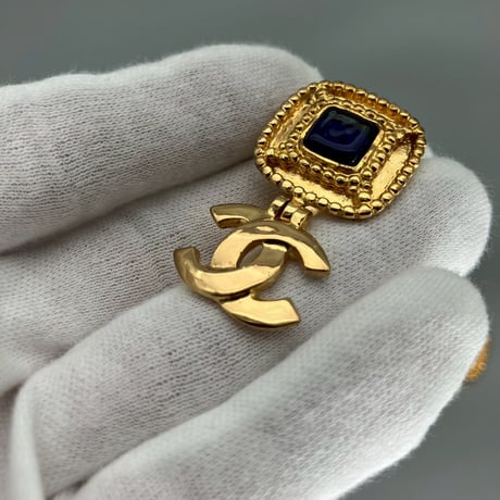 CHANEL (シャネル) ヴィンテージ グリポア カラーストーン ココマーク スイング ブルー イヤリング