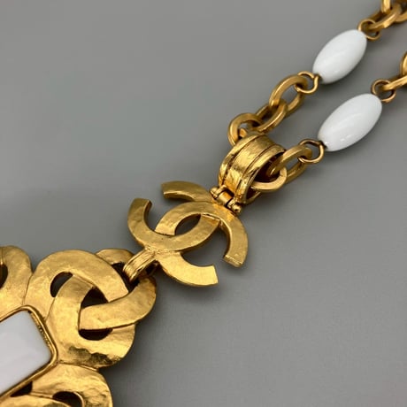 CHANEL (シャネル) ヴィンテージ ホワイトストーン ココマーク フリンジ ロングチェーン ネックレス