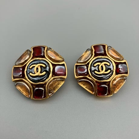 CHANEL (シャネル) ヴィンテージ カラーストーン グリポア ココマーク イヤリング