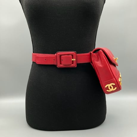 CHANEL (シャネル) ヴィンテージ ラムスキン トリプルココマーク ターンロック レッド ウエストバッグ