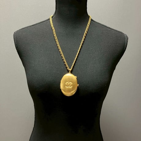 CHANEL (シャネル) ヴィンテージ ロケットペンダント グリポア カラーストーン ココマーク レザーチェーン ネックレス