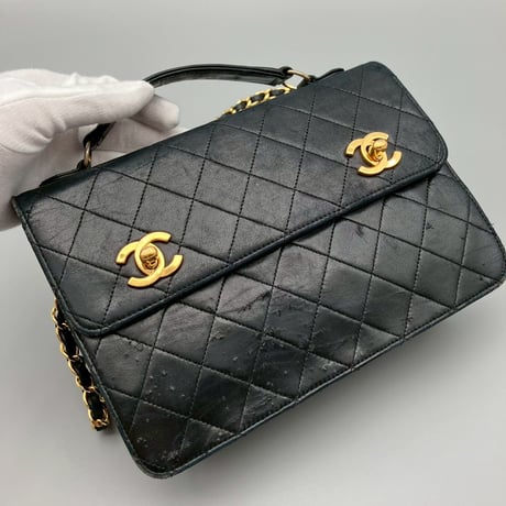 CHANEL (シャネル) ヴィンテージ ダブルターンロック ココマーク ラムスキン ハンドバッグ ショルダーバッグ
