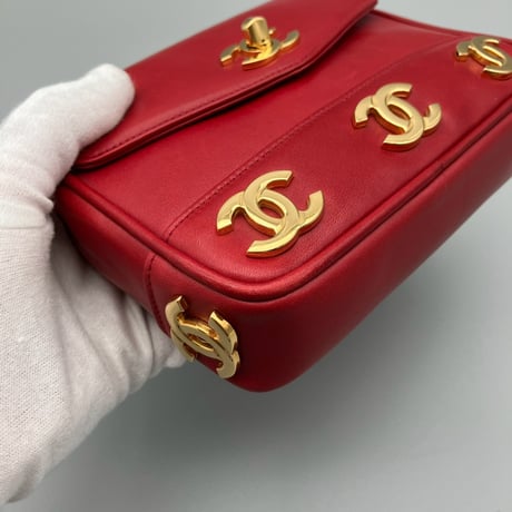 CHANEL (シャネル) ヴィンテージ ラムスキン トリプルココマーク ターンロック レッド ウエストバッグ