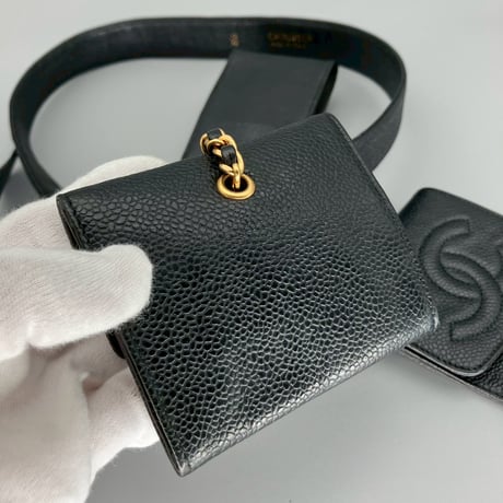 CHANEL (シャネル) ヴィンテージ キャビアスキン マルチポーチ ココマーク ベルト