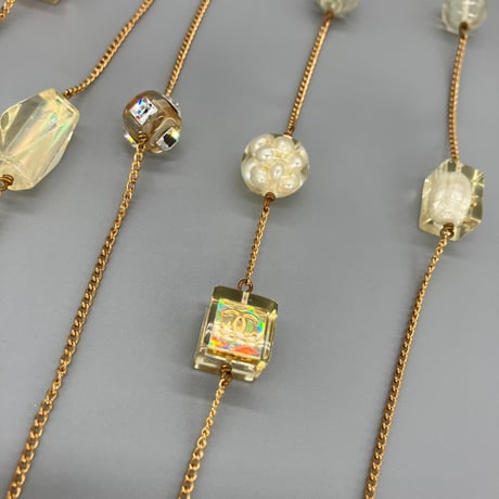 CHANEL (シャネル) ヴィンテージ ココマーク パール ラインストーン クリア ロングチェーン ネックレス