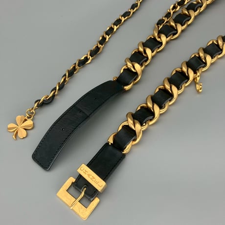 CHANEL (シャネル) ヴィンテージ クローバー ロゴ レザー チェーン ベルト