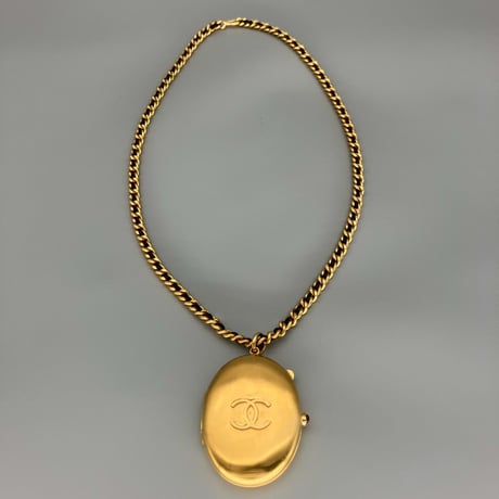 CHANEL (シャネル) ヴィンテージ ロケットペンダント グリポア カラーストーン ココマーク レザーチェーン ネックレス