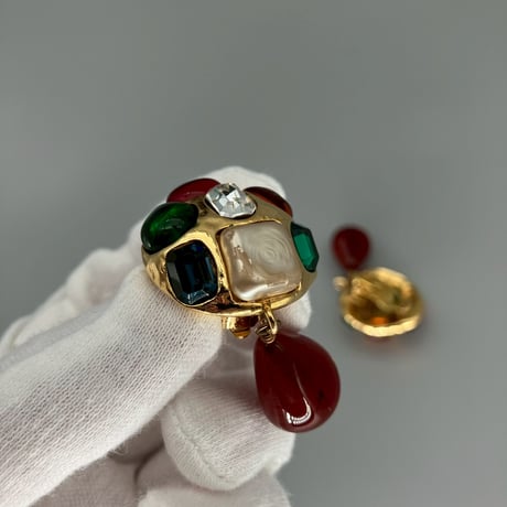 CHANEL (シャネル) ヴィンテージ カラーストーン グリポア ラインストーン パール スイング イヤリング
