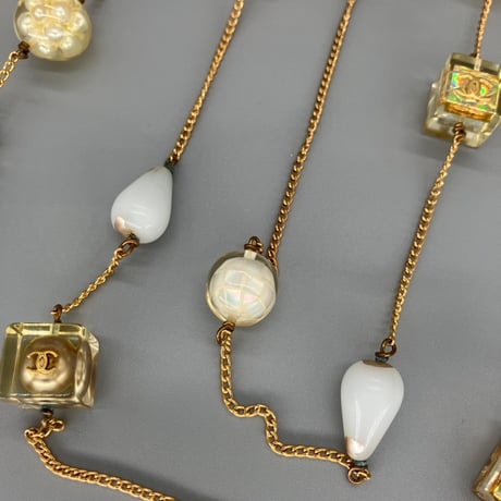 CHANEL (シャネル) ヴィンテージ ココマーク パール ラインストーン クリア ロングチェーン ネックレス