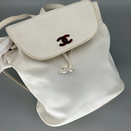 CHANEL (シャネル) ヴィンテージ べっ甲 ターンロック ココマーク ホワイト リュックサック バックパック