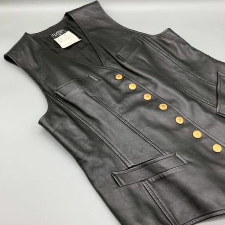 CHANEL (シャネル) ヴィンテージ ラムスキン レザー ロゴボタン ベスト
