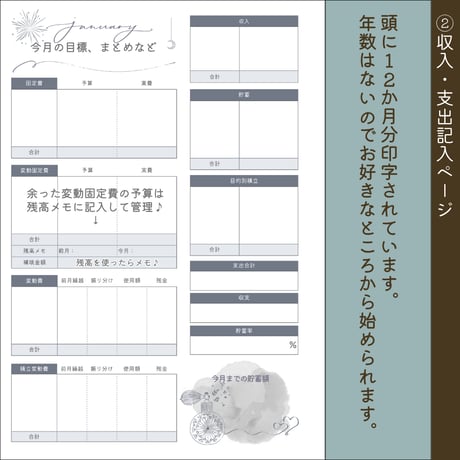 【月謝シート付き！月間収支＆年間収支の基本セット】ルーズリーフ家計簿