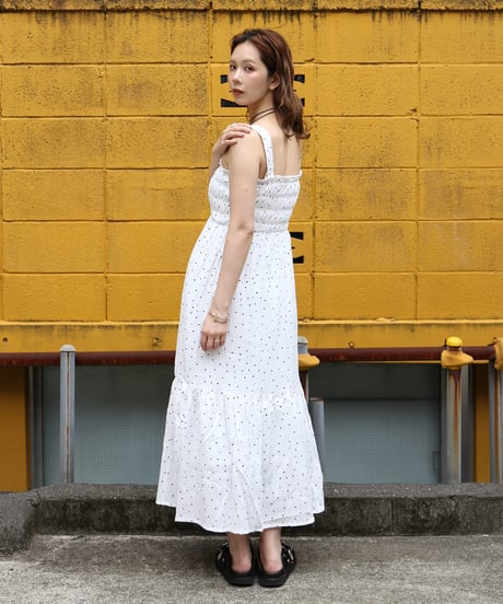 Polka Dot Print Jacquard Shirred Maxi Dress　white