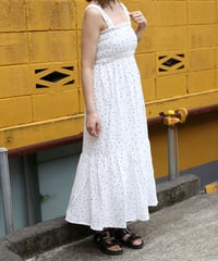 Polka Dot Print Jacquard Shirred Maxi Dress　white