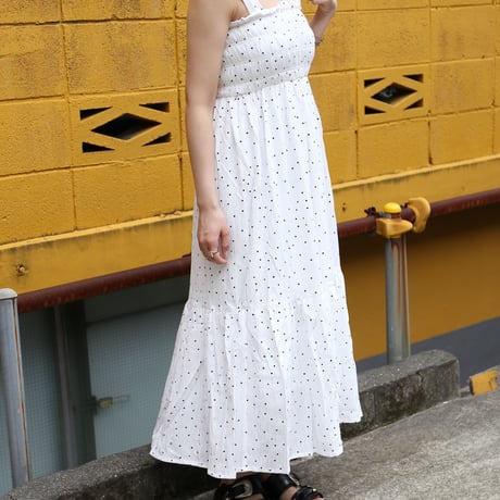 Polka Dot Print Jacquard Shirred Maxi Dress　white