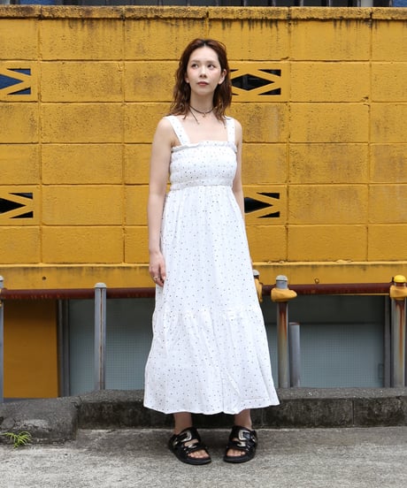 Polka Dot Print Jacquard Shirred Maxi Dress　white