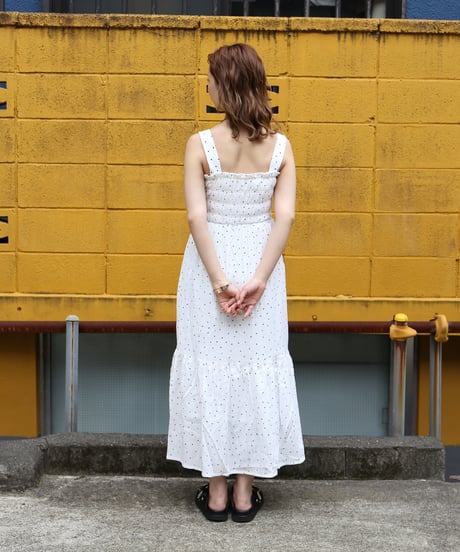 Polka Dot Print Jacquard Shirred Maxi Dress　white