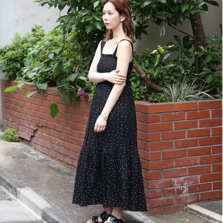 Polka Dot Print Jacquard Shirred Maxi Dress