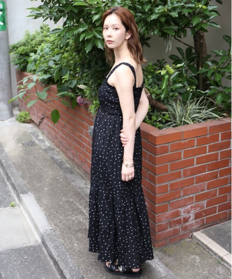 Polka Dot Print Jacquard Shirred Maxi Dress
