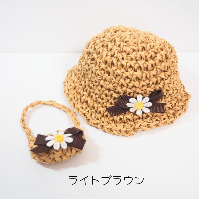 ぬいの麦わら帽子＆かごバッグセット「お花リボン」 10cmサイズ | takoyuka