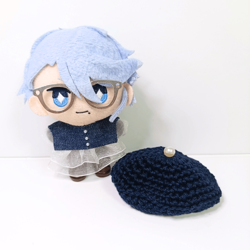 デニムリボンベレーコーデ　オーダーページ　関西ちびぬい　ぬい服　なにわ男子 ぬい服10cm シンプルデニムセット（ベレー＆フリルブラウス