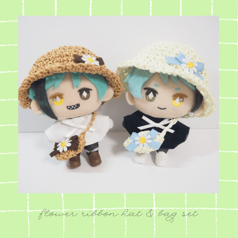 ぬいの麦わら帽子＆かごバッグセット「お花リボン」 10cmサイズ