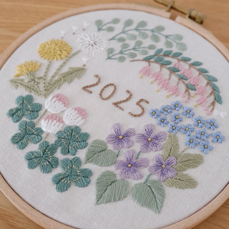 ハンドメイド手刺繍　刺しゅうフレーム　きのこのリース ミセス 雑誌 樋口愉美子 季節のステッチ きのこのリース刺繍
